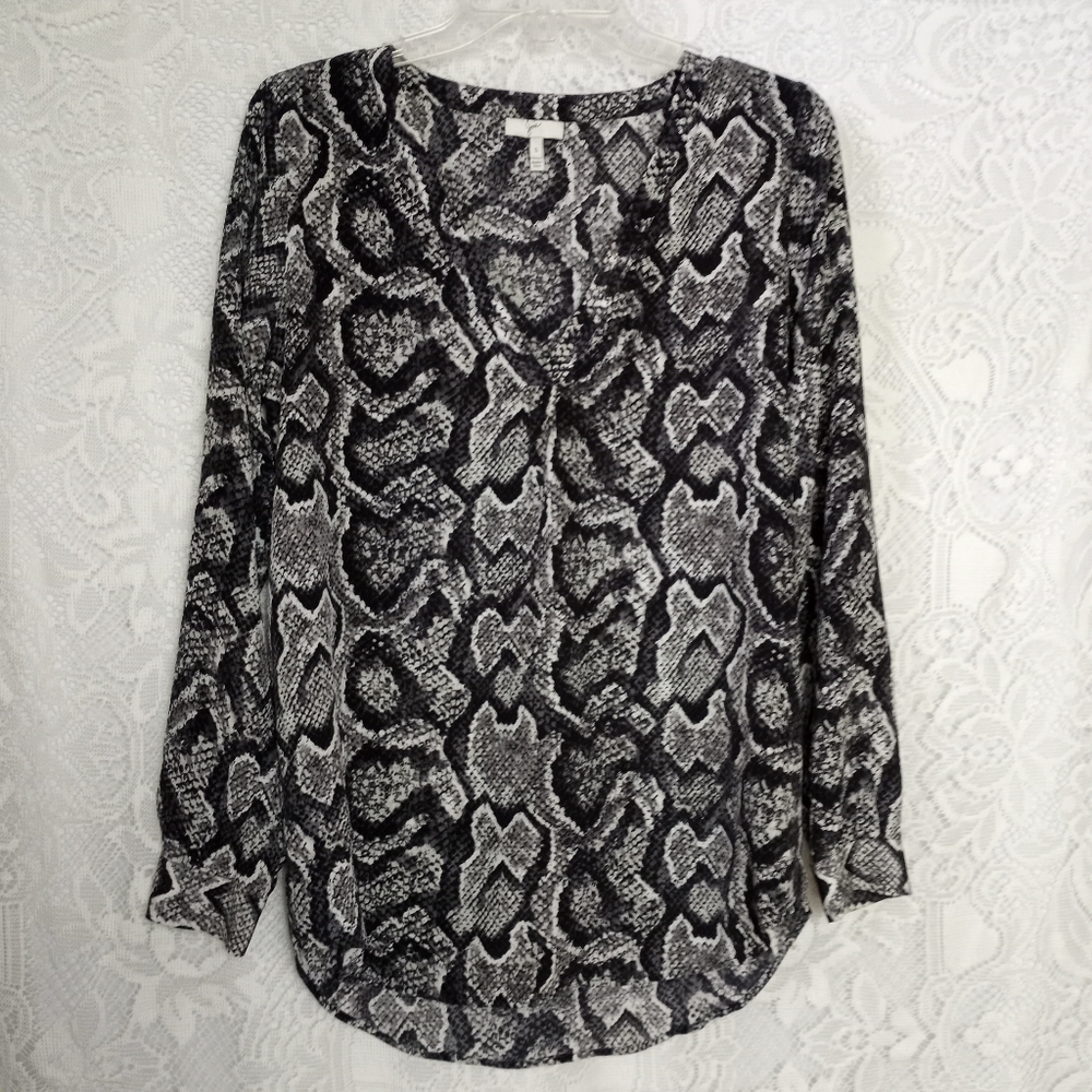 100% Silk Joie Snake Python Print Blouse S Black White Long Sleeve Button Top